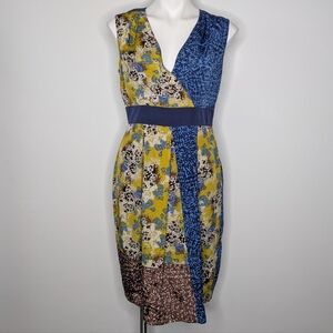 Monsoon Blue Yellow Floral Color Block Sleeveless V Neck Dress 8